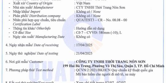 Mũ bảo hiểm Nón Sơn NS008 đạt chuẩn chất lượng – Chứng nhận kiểm định từ QUATEST 3