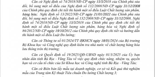 Công bố kết quả thử nghiệm mẫu của Sở Khoa học & Công nghệ tỉnh Bà Rịa – Vũng Tàu
